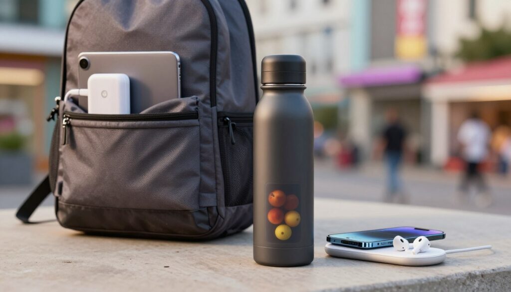 A modern, practical water bottle sits prominently in the foreground, showcasing a sleek design with a matte finish and a built-in infuser for fruits. Nearby, a wireless charging pad displays a smartphone and a set of earbuds, illustrating essential tech for teens. In the middle ground, a stylish backpack is partially visible, with neatly organized compartments that hold a portable charger and a tablet. The background features a blurred urban setting, hinting at a vibrant city with soft lighting that creates a warm, inviting atmosphere. The image is captured with a shallow depth of field, emphasizing the accessories while softly blurring the background. The overall mood is energetic and youthful, reflecting the daily life of modern teenagers, with an emphasis on practicality and style.