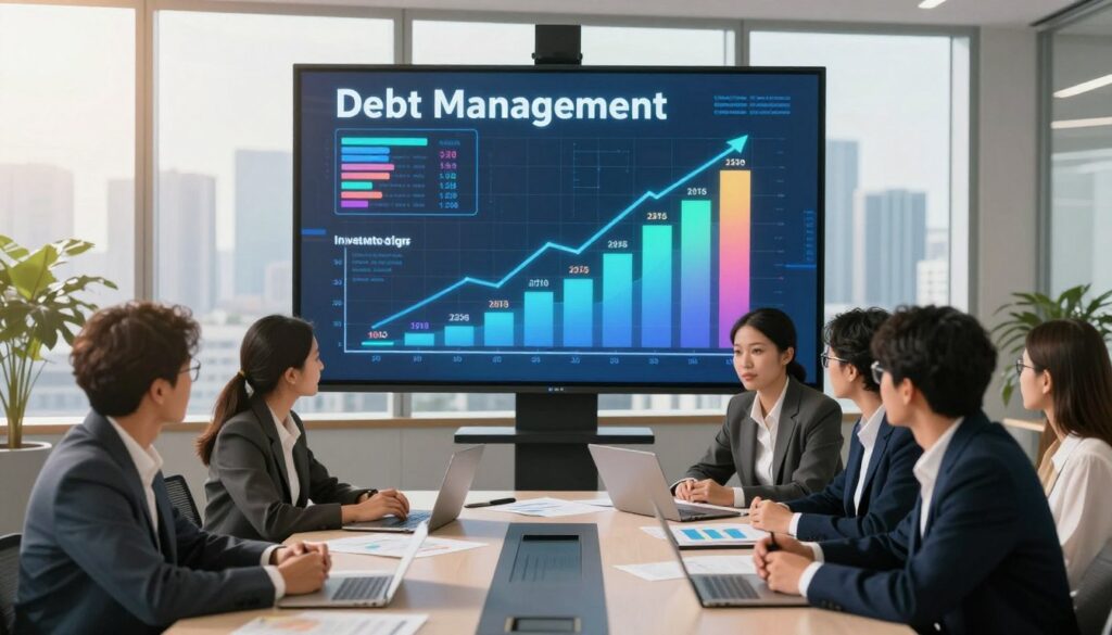 A modern, sleek office environment showcasing essential strategies for debt management and investment growth. In the foreground, a diverse group of professionals in business attire are gathered around a large conference table, actively discussing financial charts and documents. The middle layer features a large, interactive digital screen displaying vibrant graphs illustrating debt reduction strategies and investment growth, with upward trends emphasized. In the background, tall windows let in warm, natural light, highlighting a city skyline. The mood is focused and collaborative, with a sense of optimism and determination. Use soft, diffused lighting to create an inviting atmosphere, and choose a slightly elevated angle to capture both the group interaction and the dynamic digital visuals effectively.