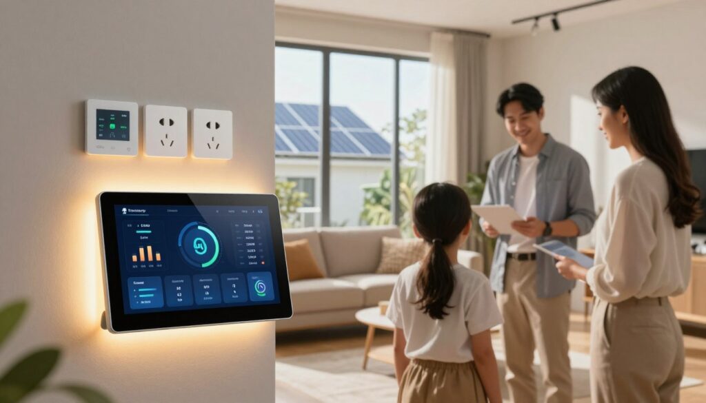 A modern smart home interior showcasing energy monitoring technology. In the foreground, a sleek touchscreen device with an intuitive interface displays real-time energy usage statistics, surrounded by LED light strips. In the middle, a cozy living room features energy-efficient appliances, including a smart thermostat and smart plugs. A family in professional attire is engaged in reviewing the energy data together, emphasizing the collaborative aspect of energy conservation. The background includes large windows that let in natural light, with a view of solar panels on the roof. The scene is well-lit with a warm ambiance, highlighting the innovative technology and promoting a sense of awareness and responsibility toward energy use. The atmosphere is both comfortable and modern, illustrating the fusion of home and smart technology.