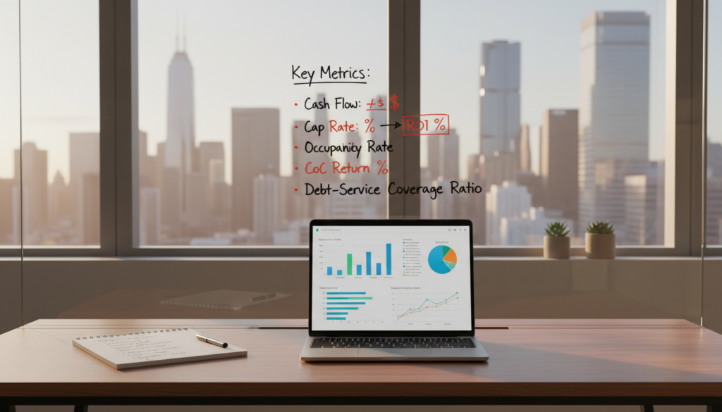 A modern, well-designed workspace focused on rental property ROI metrics. In the foreground, a sleek wooden desk with a laptop displaying colorful graphs and statistics related to rental property performance. Beside the laptop, a notepad with handwritten notes on investment strategies. In the middle ground, a glass board outlining key metrics like cash flow, cap rate, and occupancy rates, visually represented with clear bullet points. The background features a large window with natural light pouring in, revealing a city skyline, creating a motivating urban atmosphere. Soft, warm lighting enhances the professionalism of the scene, suggesting a late afternoon setting. The overall mood is focused and analytical, suitable for a serious discussion about real estate investment.