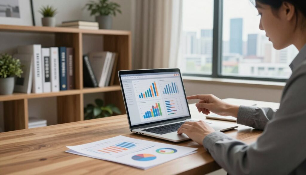 A modern workspace featuring a sleek wooden desk with an open laptop displaying market analysis software. In the foreground, a professional in business attire studies real estate graphs and charts on the screen, surrounded by colorful bar charts and pie charts printed on high-quality paper. The middle section includes a stylish, neatly organized bookshelf filled with real estate investment books and a small potted plant for a touch of greenery. In the background, large windows allow natural light to flood the room, showcasing a skyline view of a bustling city with tall buildings. Soft, warm lighting creates an inviting atmosphere, enhancing the focus on the analytical process, reflecting a serious yet optimistic approach to real estate market research and analysis.