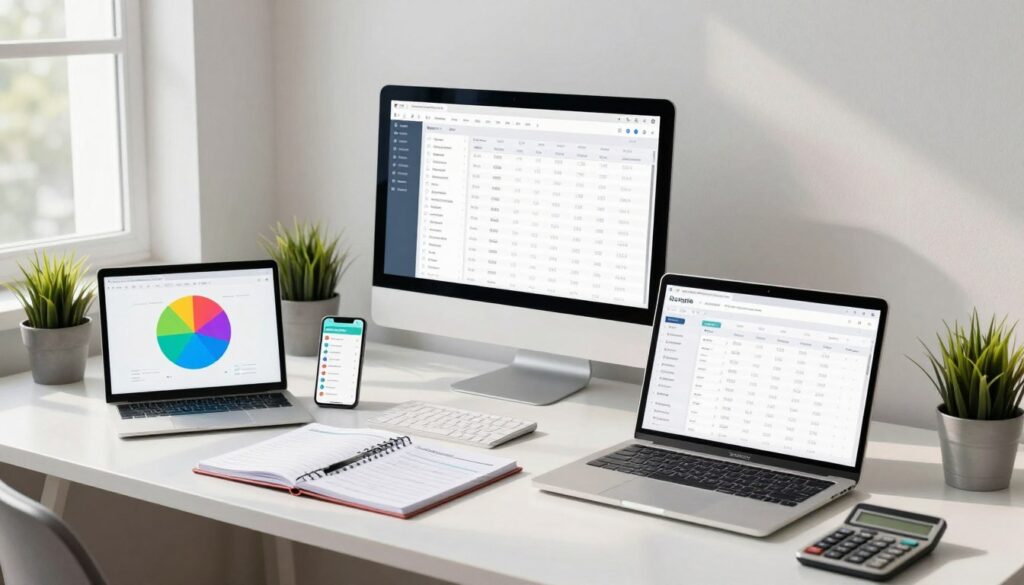 A modern workspace featuring an array of budgeting tools and software applications displayed on sleek computer screens and digital tablets. In the foreground, a laptop screen shows a colorful pie chart and a spreadsheet filled with figures, while beside it, a smartphone displays a budgeting app interface. In the middle ground, a well-organized desk holds budgeting planners, a calculator, and notes, with a potted plant adding a touch of greenery. The background includes a window allowing soft, natural light to flood the room, casting gentle shadows, enhancing the professional atmosphere. The overall mood is focused and productive, ideal for entrepreneurs creating their business budgets, with a clean, minimalist aesthetic that conveys efficiency and clarity.