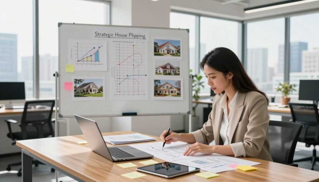 A modern workspace illustrating the concept of strategic house flipping planning. In the foreground, a professional businesswoman in smart casual attire is analyzing blueprints and financial reports on a sleek wooden desk, surrounded by a laptop, a tablet, and post-it notes with colorful annotations. In the middle ground, there’s a large whiteboard filled with charts, timelines, and images of houses. The background showcases a bright, well-lit office with large windows revealing a city skyline, creating an inspiring urban atmosphere. Soft natural light filters in, casting gentle shadows, while the overall mood conveys focus, ambition, and professionalism. A wide-angle lens captures the entire scene, emphasizing the complexity and organization of the strategic planning process.