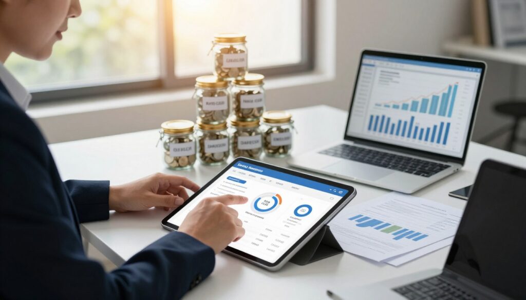 A modern workspace with a professional individual, dressed in smart business attire, sitting at a sleek desk filled with financial documents and a laptop displaying graphs. In the foreground, a hand navigates a digital savings management app on a tablet, symbolizing automation and efficiency. The middle ground features an organized stack of savings jars labeled with various financial goals, emphasizing practical money management strategies. The background contains a window with soft, natural light streaming in, casting a warm glow across the scene, creating an inviting and productive atmosphere. The overall mood is optimistic and focused, conveying the journey toward building a robust emergency fund. A modern workspace with a professional individual, dressed in smart business attire, sitting at a sleek desk filled with financial documents and a laptop displaying graphs. In the foreground, a hand navigates a digital savings management app on a tablet, symbolizing automation and efficiency. The middle ground features an organized stack of savings jars labeled with various financial goals, emphasizing practical money management strategies. The background contains a window with soft, natural light streaming in, casting a warm glow across the scene, creating an inviting and productive atmosphere. The overall mood is optimistic and focused, conveying the journey toward building a robust emergency fund.