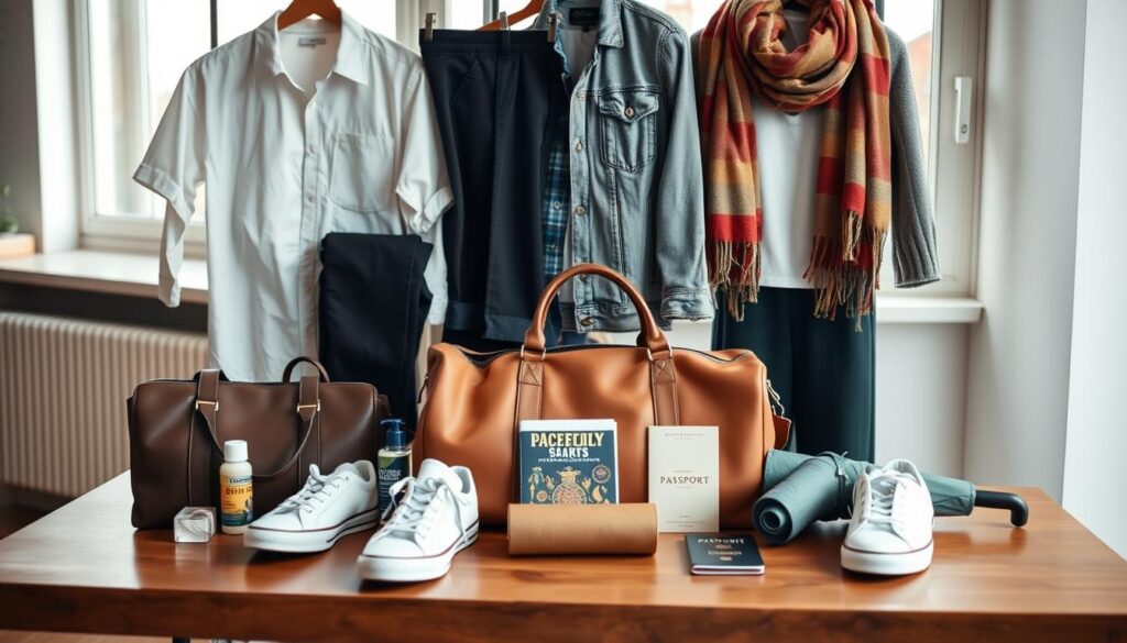 A neatly arranged set of travel essentials displayed on a stylish wooden surface, including a versatile capsule wardrobe selection: a classic white button-up shirt, lightweight black trousers, a denim jacket, a cozy cardigan, and a colorful scarf. In the foreground, a chic leather weekender bag and a pair of comfortable white sneakers sit alongside travel-sized toiletries and a compact travel umbrella. The middle ground features a rolled-up travel guide and a stylish passport holder. In the background, soft natural light filters through a large window, creating a warm, inviting atmosphere. Capture this scene with a shallow depth of field to draw attention to the essentials, enhancing the mood of organized preparation for a stress-free journey.
