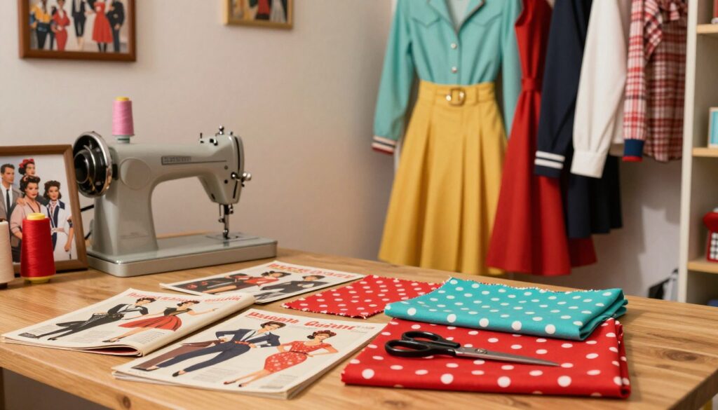 A nostalgic collection of vintage fashion inspiration for rockabilly looks, featuring a well-organized workspace. In the foreground, a wooden table adorned with retro fashion magazines, scissors, and fabric swatches in vibrant colors like cherry red, turquoise, and polka dots. The middle ground includes a vintage sewing machine with spools of thread and a framed photo of iconic rockabilly figures, such as pin-up models and musicians. In the background, a retro closet displaying eye-catching outfits: high-waisted skirts, tailored jackets, and bowling shirts. Soft, warm lighting creates an inviting atmosphere, enhancing the vintage charm. The perspective is slightly tilted, capturing the playful yet artistic vibe of vintage fashion design, all while maintaining a clean and uncluttered composition. A nostalgic collection of vintage fashion inspiration for rockabilly looks, featuring a well-organized workspace. In the foreground, a wooden table adorned with retro fashion magazines, scissors, and fabric swatches in vibrant colors like cherry red, turquoise, and polka dots. The middle ground includes a vintage sewing machine with spools of thread and a framed photo of iconic rockabilly figures, such as pin-up models and musicians. In the background, a retro closet displaying eye-catching outfits: high-waisted skirts, tailored jackets, and bowling shirts. Soft, warm lighting creates an inviting atmosphere, enhancing the vintage charm. The perspective is slightly tilted, capturing the playful yet artistic vibe of vintage fashion design, all while maintaining a clean and uncluttered composition.
