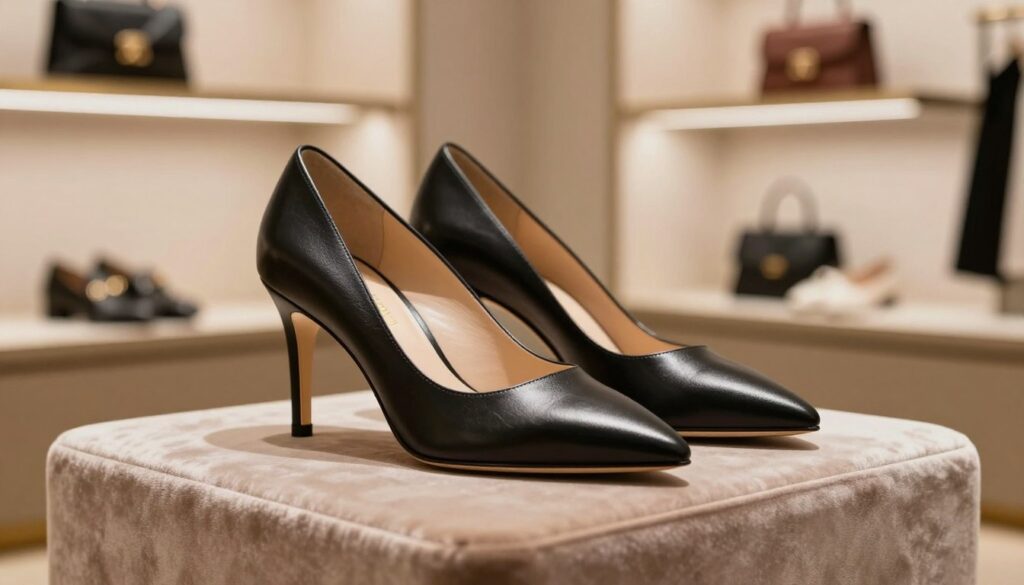 A pair of luxurious designer heels elegantly displayed in a softly lit boutique setting. The heels are crafted from high-quality leather, featuring a unique blend of contemporary and classic design elements, such as a sleek pointed toe and a subtle gold accent on the heel. The shoes rest on a plush velvet pedestal, showcasing their craftsmanship. In the background, blurred shelves filled with upscale accessories create a warm, inviting atmosphere. A gentle spotlight highlights the texture and detail of the heels. The composition is shot from a slightly low angle to enhance the elegance and sophistication of the shoes, evoking a sense of luxury combined with comfort. Soft shadows add depth, capturing the allure of designer fashion. A pair of luxurious designer heels elegantly displayed in a softly lit boutique setting. The heels are crafted from high-quality leather, featuring a unique blend of contemporary and classic design elements, such as a sleek pointed toe and a subtle gold accent on the heel. The shoes rest on a plush velvet pedestal, showcasing their craftsmanship. In the background, blurred shelves filled with upscale accessories create a warm, inviting atmosphere. A gentle spotlight highlights the texture and detail of the heels. The composition is shot from a slightly low angle to enhance the elegance and sophistication of the shoes, evoking a sense of luxury combined with comfort. Soft shadows add depth, capturing the allure of designer fashion.