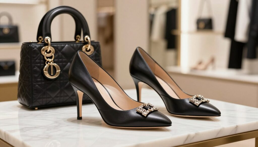 A pair of luxurious designer shoes displayed in an elegant setting, showcasing a sleek stiletto heel with intricate embellishments and premium leather texture. The foreground features the shoes poised on a polished marble surface, glimmering under soft, diffused lighting that highlights their craftsmanship. In the middle ground, an ensemble of stylish fashion accessories, like a designer handbag and delicate jewelry, complement the shoes, creating a chic atmosphere. The background softly fades into a softly out-of-focus boutique environment, filled with elegant displays of high-end fashion. Capturing a sophisticated and aspirational mood, the image invites viewers to explore the seamless blending of luxury and personal style in fashion choices.