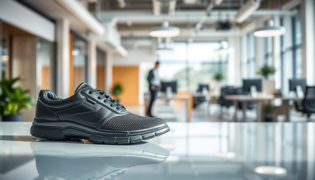 A pair of modern arch support work shoes for both men and women, positioned prominently in the foreground on a reflective surface to highlight their sleek design. The shoes feature a blend of black leather and breathable mesh with stylish accents, showcasing their comfortable yet fashionable nature. In the middle ground, soft natural lighting creates gentle shadows, enhancing the contours of the shoes. A blurred office environment serves as the background, suggesting a busy workplace atmosphere filled with light colors and minimalist decor, emphasizing the shoes' suitability for professional settings. The overall mood is one of sophistication and practicality, appealing to individuals seeking comfort without compromising style. A pair of modern arch support work shoes for both men and women, positioned prominently in the foreground on a reflective surface to highlight their sleek design. The shoes feature a blend of black leather and breathable mesh with stylish accents, showcasing their comfortable yet fashionable nature. In the middle ground, soft natural lighting creates gentle shadows, enhancing the contours of the shoes. A blurred office environment serves as the background, suggesting a busy workplace atmosphere filled with light colors and minimalist decor, emphasizing the shoes' suitability for professional settings. The overall mood is one of sophistication and practicality, appealing to individuals seeking comfort without compromising style.