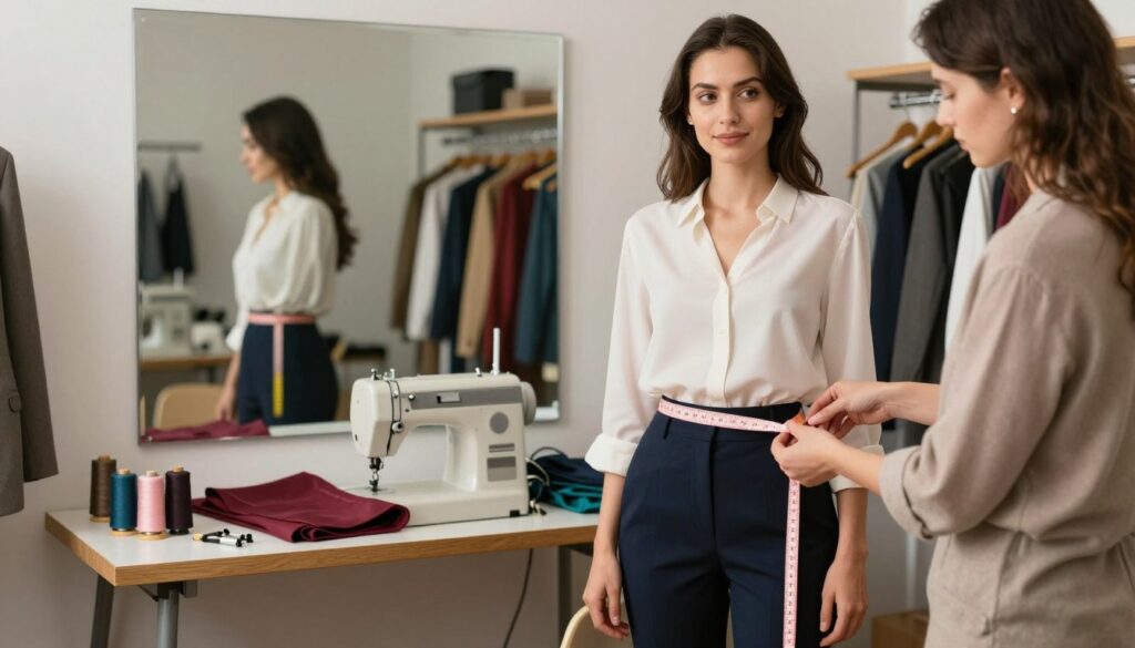 A petite woman standing in a well-lit tailoring studio, showcasing a fitting session with a tailor. In the foreground, the tailor measures the woman's waist with a flexible measuring tape, highlighting the importance of precision in tailoring for a perfect fit. The woman is dressed in a stylish yet modest blouse and tailored trousers, exuding confidence. In the middle ground, a sewing machine and bolts of fabric in rich colors emphasize the craftsmanship involved in tailoring. The background features a mirror reflecting the woman’s poised expression and a variety of completed outfits on hangers, suggesting a range of flattering options for petite frames. The atmosphere is warm and inviting, with soft natural lighting casting gentle shadows, making the scene both professional and relatable.