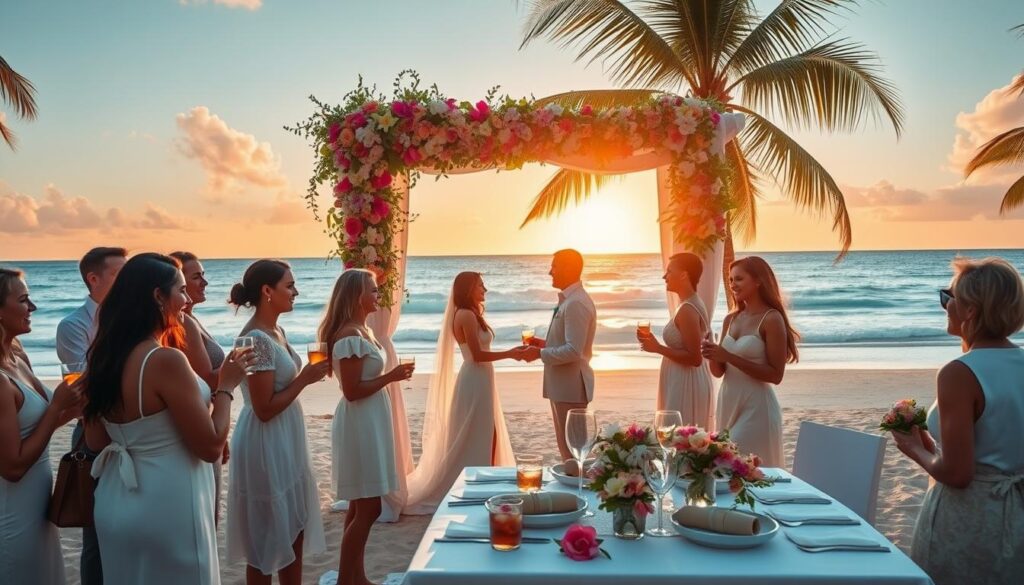 A picturesque destination wedding scene on a sun-kissed beach, capturing an elegant couple exchanging vows under a floral arch adorned with vibrant tropical flowers. In the foreground, stylishly dressed wedding guests in sophisticated summer attire, featuring light fabrics in soft pastel colors, mingle and smile, holding glasses of refreshing beverages. In the middle ground, a beautifully set table with white linens and tasteful centerpieces showcases the allure of the outdoor reception. The background reveals a breathtaking sunset casting a warm, golden glow over the ocean waves, with palm trees swaying gently in the breeze. The atmosphere is romantic and joyful, evoking a sense of celebration and cultural richness that harmonizes with the destination theme. The image is taken with a 50mm lens, focusing on the couple while softly blurring the guests and surroundings for an intimate, dreamy effect.