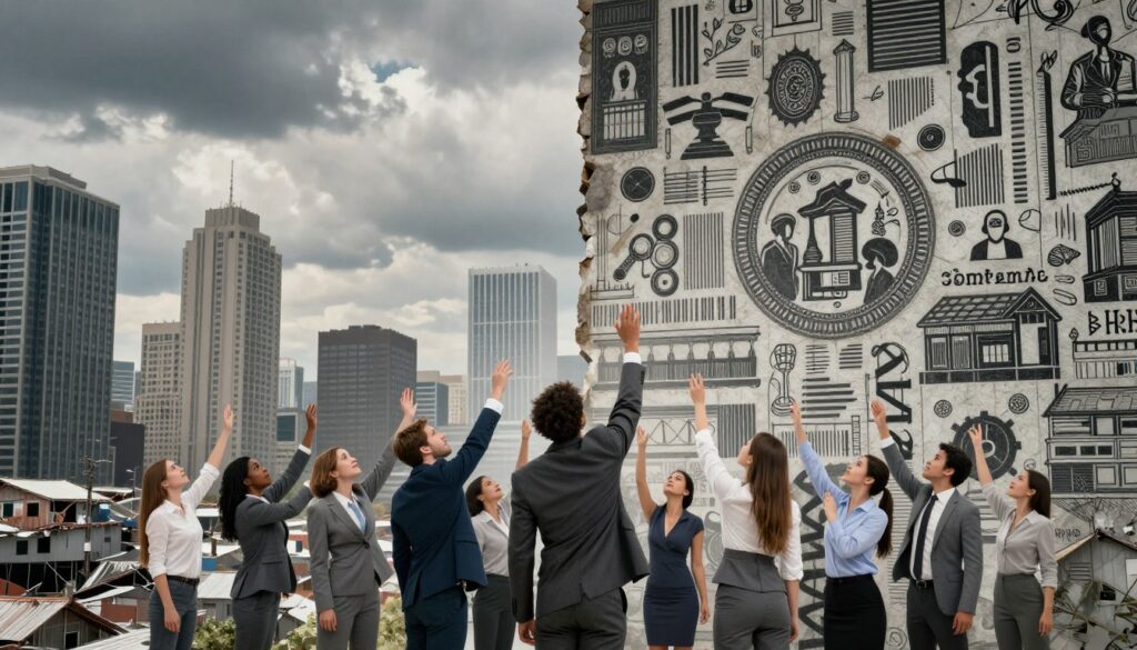 A powerful visual representation of systemic barriers contributing to wealth inequality. In the foreground, a diverse group of people, dressed in professional business attire, are reaching upwards, symbolizing their aspirations and determination. They are standing before a towering wall with intricate textures and symbolic imagery, representing the various obstacles they face, such as discrimination and economic hardships. The middle ground features a bustling cityscape with stark contrasts—wealthy high-rise buildings on one side and impoverished neighborhoods on the other, underscoring the divide. The background should include a cloudy sky, casting a dramatic light that highlights the struggle while hinting at hope and change. The overall mood conveys resilience and determination, capturing the essence of overcoming systemic challenges.
