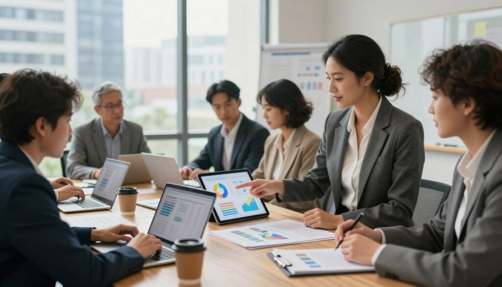 A professional business meeting scene in a modern office setting, showcasing diverse business people discussing funding strategies. In the foreground, a confident woman in a tailored suit is pointing at a digital tablet displaying colorful graphs and charts. The middle features a table cluttered with financial documents, laptops, and coffee cups, symbolizing a strategic planning session. In the background, large windows let in natural light, illuminating the room and providing a view of a bustling cityscape. The atmosphere is collaborative and dynamic, reflecting innovation and motivation in the pursuit of business funding. Use a warm color palette and soft lighting to create an inviting yet professional mood, capturing the essence of strategic financial planning and teamwork.