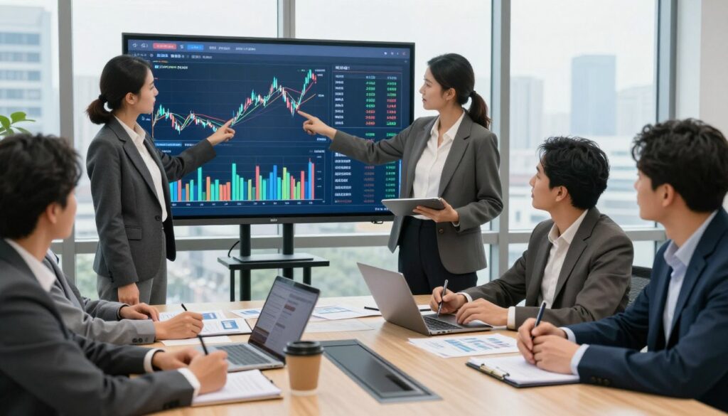 A professional business setting featuring a diverse group of people engaged in a collaborative investment strategy session. In the foreground, a well-dressed woman in a tailored suit points at a large digital screen displaying charts and graphs of market trends and investment opportunities. Beside her, a man in business casual attire takes notes on a tablet, showing a focused expression. In the middle, a modern conference table is cluttered with financial reports, laptops, and coffee cups, creating an atmosphere of dynamic brainstorming. The background highlights large windows allowing natural light to flood the room, revealing a city skyline. The mood is serious yet optimistic, portraying teamwork and strategic thinking in wealth-building. The image is captured from a slightly elevated angle to encompass both the participants and the vibrant presentation behind them.
