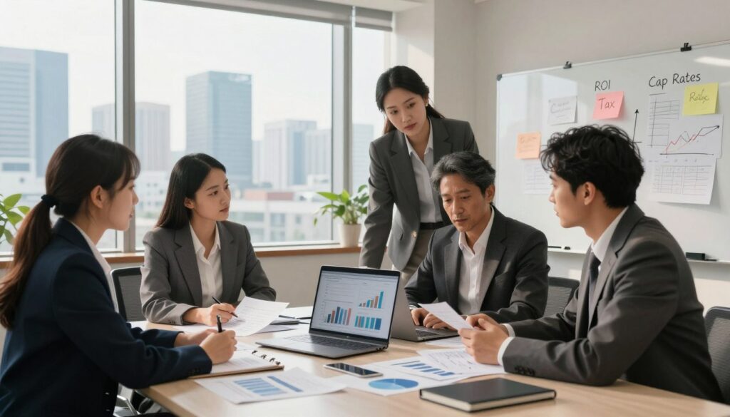 A professional business setting showcasing various financial strategies for real estate investment. In the foreground, a diverse group of three business professionals, dressed in smart business attire, gather around a sleek conference table covered with documents, charts, and a laptop displaying financial graphs. In the middle ground, a large window reveals a modern city skyline bathed in natural light, symbolizing growth and opportunity. Background elements feature a whiteboard filled with notes on taxes, cap rates, and ROI, hinting at strategic discussions. The atmosphere is dynamic and focused, with a sense of collaboration and innovation. Use soft, warm lighting to create an inviting yet professional mood, captured with a wide-angle lens to emphasize the space and teamwork. A professional business setting showcasing various financial strategies for real estate investment. In the foreground, a diverse group of three business professionals, dressed in smart business attire, gather around a sleek conference table covered with documents, charts, and a laptop displaying financial graphs. In the middle ground, a large window reveals a modern city skyline bathed in natural light, symbolizing growth and opportunity. Background elements feature a whiteboard filled with notes on taxes, cap rates, and ROI, hinting at strategic discussions. The atmosphere is dynamic and focused, with a sense of collaboration and innovation. Use soft, warm lighting to create an inviting yet professional mood, captured with a wide-angle lens to emphasize the space and teamwork.