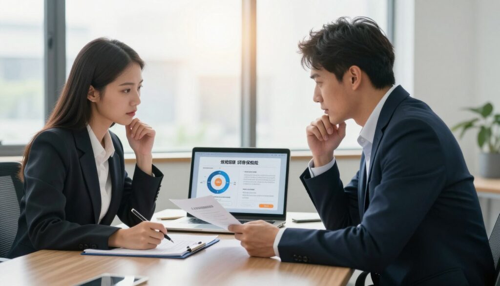 A professional couple discussing life insurance options in a modern office setting. In the foreground, a man and woman, both dressed in smart business attire, are seated at a sleek conference table, reviewing documents with thoughtful expressions. The middle ground features a laptop displaying infographics about individual and joint life insurance plans, highlighting key differences. In the background, a large window allows soft natural light to fill the room, casting a warm glow and creating a welcoming atmosphere. The overall mood is serious yet collaborative, reflecting the importance of making informed financial decisions together. The image should focus on clarity and professionalism, with sharp details and a balanced composition, embodying the theme of partnership in financial planning.