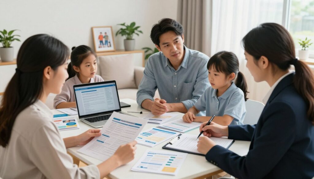 A professional family health insurance consultation scene, focusing on a diverse family gathered around a table. In the foreground, a mother in smart casual attire is reviewing documents and charts, while a father, dressed in business casual, is discussing options with an insurance advisor who wears a professional suit. The middle ground features various health insurance pamphlets and an open laptop displaying relevant information, creating a dynamic interaction. In the background, a cozy, well-lit living room with family photos and plants adds warmth, suggesting a family-oriented atmosphere. Soft, natural lighting from a nearby window enhances the sense of trust and clarity in the decision-making process. The composition conveys a collaborative and thoughtful approach to understanding insurance needs. A professional family health insurance consultation scene, focusing on a diverse family gathered around a table. In the foreground, a mother in smart casual attire is reviewing documents and charts, while a father, dressed in business casual, is discussing options with an insurance advisor who wears a professional suit. The middle ground features various health insurance pamphlets and an open laptop displaying relevant information, creating a dynamic interaction. In the background, a cozy, well-lit living room with family photos and plants adds warmth, suggesting a family-oriented atmosphere. Soft, natural lighting from a nearby window enhances the sense of trust and clarity in the decision-making process. The composition conveys a collaborative and thoughtful approach to understanding insurance needs.
