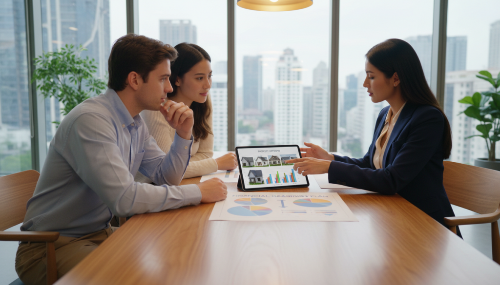A professional financial advisor and a young couple are sitting at a sleek, modern wooden table in a bright, inviting office. The advisor, wearing business attire, is explaining financial readiness using a colorful chart and a digital tablet displaying property options. The couple, dressed in smart casual clothing, appears engaged and thoughtful, looking at the screen with interest. In the background, a large window lets in natural light, illuminating a skyline view of a bustling city, suggesting opportunities. The atmosphere conveys professionalism and optimism, with soft ambient lighting enhancing the focus on the table and the interactions. The scene is captured from a medium-angle perspective, emphasizing the collaborative nature of the discussion.