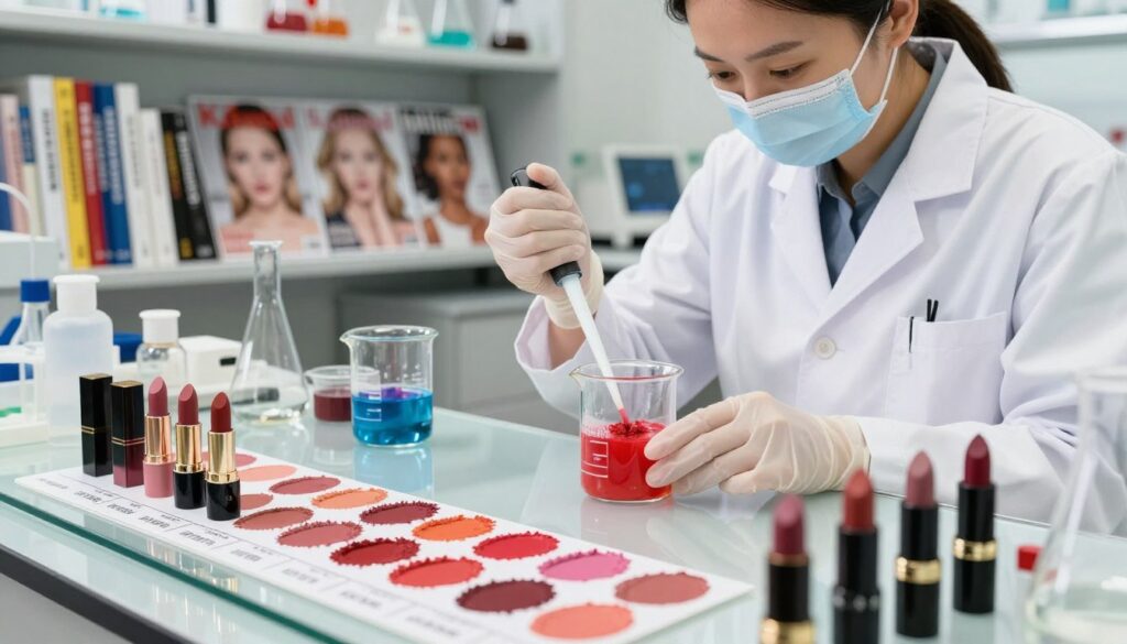 A professional lab setting showcasing the science of lipstick color formulation. In the foreground, vibrant lipstick samples in various shades are meticulously arranged on a sleek glass table, each labeled by its unique formulation. In the middle ground, a chemist in a white lab coat examines the color mixtures with precision, using pipettes and glass beakers filled with colorful pigments. The background features shelves lined with scientific books and glossy magazine covers showcasing diverse lipstick shades tailored to different skin tones. Soft, natural lighting illuminates the scene, highlighting the textures of the lipstick and the focused expressions of the chemist. The overall atmosphere is one of creativity and meticulous research, blending art and science harmoniously. A professional lab setting showcasing the science of lipstick color formulation. In the foreground, vibrant lipstick samples in various shades are meticulously arranged on a sleek glass table, each labeled by its unique formulation. In the middle ground, a chemist in a white lab coat examines the color mixtures with precision, using pipettes and glass beakers filled with colorful pigments. The background features shelves lined with scientific books and glossy magazine covers showcasing diverse lipstick shades tailored to different skin tones. Soft, natural lighting illuminates the scene, highlighting the textures of the lipstick and the focused expressions of the chemist. The overall atmosphere is one of creativity and meticulous research, blending art and science harmoniously.