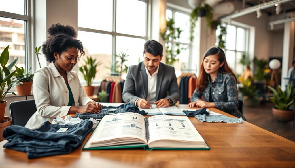 A professional, modern workspace showcasing criteria for evaluating sustainable clothing brands. In the foreground, a diverse group of three individuals—one Black woman, one Hispanic man, and one Asian woman—analyzing clothing samples and eco-certification labels on a sleek wooden table, all dressed in smart casual attire. The middle ground features an open notebook filled with notes and charts, displaying sustainability metrics like materials used, labor practices, and carbon footprints. In the background, large windows let in soft, natural light, with various potted plants adding to the eco-friendly ambiance. The atmosphere is focused and collaborative, emphasizing a commitment to responsible fashion choices, with warm color tones enhancing a positive and inspiring feel.