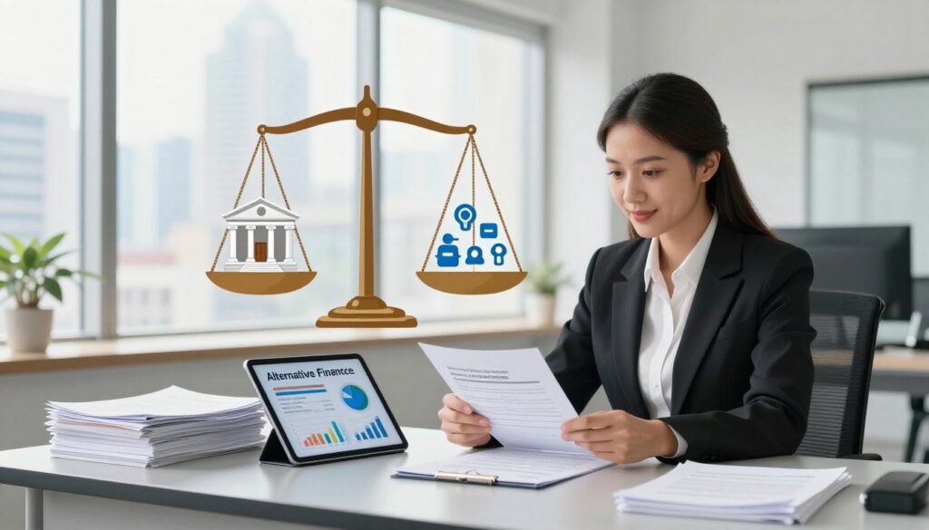 A professional office environment symbolizes financing options, showcasing a split scene. In the foreground, a confident businesswoman in professional attire is discussing a document at a sleek, modern desk, with stacks of loan application papers on one side and alternative financing options represented by a digital tablet displaying diverse financial graphs. The middle layer features a balance scale, with one side depicting traditional banks (brick-and-mortar building), and the other side showcasing alternative financing, such as crowdfunding and peer-to-peer lending icons. In the background, large windows let in natural light, illuminating the room and creating a bright, inviting atmosphere, with city skyscrapers visible outside. The overall mood is optimistic and proactive, emphasizing the theme of exploring diverse business funding opportunities.