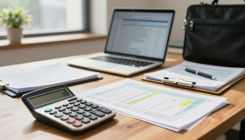 A professional office setting featuring a wooden desk with neatly organized paperwork illustrating taxable income and deductions. In the foreground, a close-up of a calculator and tax documents with highlighted sections, showcasing figures and charts. The middle ground includes a laptop displaying a spreadsheet and an open briefcase with financial reports. In the background, a large window allows natural light to flood the room, casting soft shadows. A potted plant adds a touch of greenery, enhancing the atmosphere of productivity. The overall mood is serious yet hopeful, emphasizing the importance of understanding finances. The scene is captured with a warm, inviting light, using a shallow depth of field to focus on the documents while softly blurring the background elements.