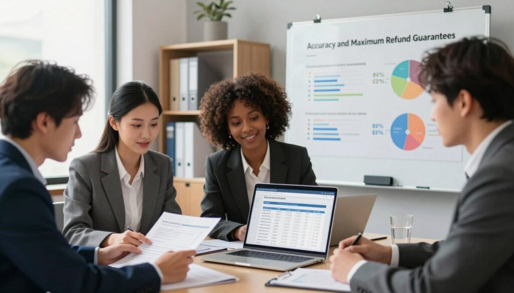A professional office setting showcasing the concept of "Accuracy and Maximum Refund Guarantees" in tax software. In the foreground, a diverse group of three professionals dressed in smart business attire, including a man and a woman of different ethnicities, are intently reviewing financial documents and a laptop displaying tax software. In the middle ground, a large whiteboard features colorful graphics illustrating refund percentages and accuracy statistics, emphasizing reliability. The background displays an organized office, with shelves of tax-related books and a window letting in soft, natural light. The atmosphere is focused and optimistic, conveying a sense of trust and professionalism. The angle captures the collaboration among the team, with soft focus on the background to highlight the intent of the discussion.