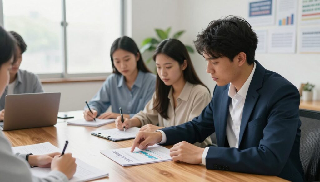 A professional office setting with a diverse group of students seated around a polished wooden table, focusing intently on documents spread out before them. In the foreground, a male student in a smart business suit points to a chart depicting student loan interest rates, conveying engagement and determination. In the middle, a female student in casual but neat attire takes notes, with a laptop open, showing financial graphs. In the background, soft natural light filters through large windows, illuminating a potted plant and motivational quotes on the wall. The atmosphere is focused and collaborative, emphasizing an important discussion about student loan interest deductions. The angle captures the students' expressions of focus and seriousness, inviting viewers into their conversation.