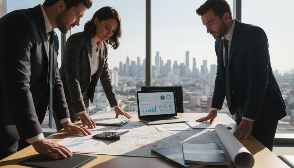 A professional office setting with a focus on investment property financing. In the foreground, a diverse group of three individuals—two men in business suits and one woman in professional attire—gather around a modern conference table covered in financial documents and a laptop displaying charts. In the middle, a large detailed property map is laid out, alongside a calculator and a stack of property brochures. The background features a glass window displaying a city skyline, bathed in warm, natural sunlight that filters through, creating a hopeful and focused atmosphere. The scene is captured from a slightly elevated angle, emphasizing the collaborative effort in financing decisions. The mood is one of determination and professionalism, reinforcing the theme of making informed investment choices.