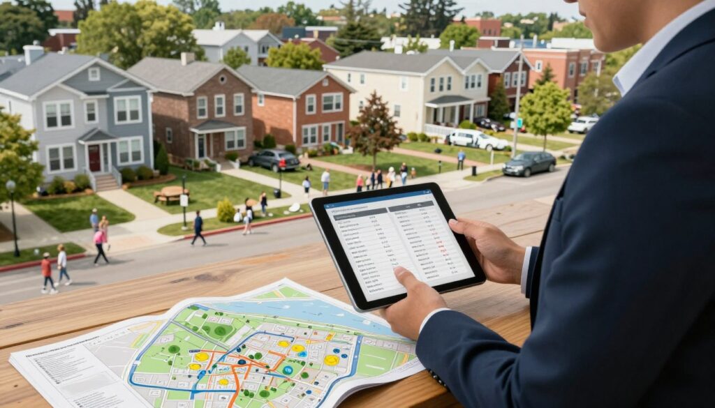 A professional real estate agent in modest business attire examines a digital tablet displaying property values, standing in a bustling neighborhood. In the foreground, a detailed map of the area lies partially open on a wooden table, showcasing local amenities like parks, schools, and shopping centers. The middle ground reveals diverse residential buildings, ranging from modern apartments to charming single-family homes, illustrating the variety of the neighborhood. In the background, vibrant street scenes with people walking and families enjoying local parks create a lively atmosphere. Soft, natural lighting highlights the scene, enhancing the feeling of an inviting community. The angle is slightly elevated, providing a comprehensive view of the dynamic environment, reflecting growth potential and future development in the area.