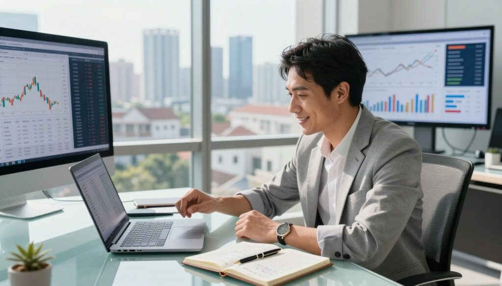 A professional real estate analyst sits at a sleek glass desk in a modern office, surrounded by charts and graphs displaying real estate market trends on large screens. In the foreground, a laptop open with market data, a notebook filled with handwritten notes, and a stylish pen. In the middle ground, a large window reveals a city skyline with tall buildings and residential areas, hinting at local opportunities. The atmosphere is bright and optimistic, illuminated by natural sunlight streaming in. The angle is slightly above eye-level, capturing the analyst’s focused expression as they analyze the data. The overall mood conveys professionalism and insightfulness, emphasizing the importance of understanding market dynamics for successful house flipping.