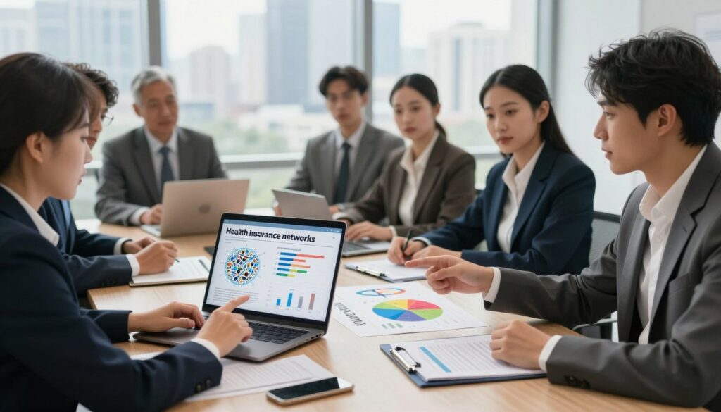 A professional setting depicting a diverse group of individuals in business attire, gathered around a sleek conference table. In the foreground, a woman is pointing at a detailed infographic on a laptop screen, illustrating health insurance provider networks. The middle ground features charts and graphs showing cost factors and network coverage, highlighted with vibrant colors. In the background, large windows reveal a city skyline, indicating a bustling urban environment. Soft natural light filters in, creating a warm and engaging atmosphere that encourages collaboration and discussion. The overall mood is focused and analytical, emphasizing the importance of evaluating provider networks in the decision-making process for health insurance. A professional setting depicting a diverse group of individuals in business attire, gathered around a sleek conference table. In the foreground, a woman is pointing at a detailed infographic on a laptop screen, illustrating health insurance provider networks. The middle ground features charts and graphs showing cost factors and network coverage, highlighted with vibrant colors. In the background, large windows reveal a city skyline, indicating a bustling urban environment. Soft natural light filters in, creating a warm and engaging atmosphere that encourages collaboration and discussion. The overall mood is focused and analytical, emphasizing the importance of evaluating provider networks in the decision-making process for health insurance.