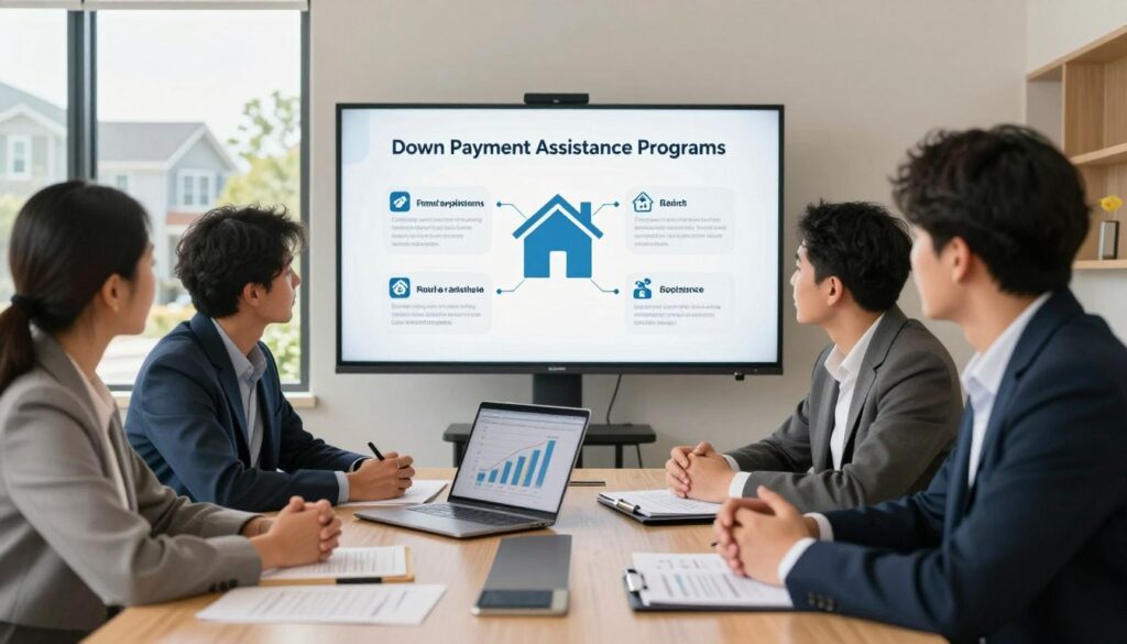 A professional setting illustrating "Down Payment Assistance Programs" in a warm, inviting atmosphere. In the foreground, a diverse group of three people, dressed in business attire, engages in a discussion around a sleek conference table cluttered with documents and a laptop displaying financial graphs. The middle ground features a large graphic presentation on a screen highlighting key benefits of these assistance programs, juxtaposed with icons symbolizing homes and financial support. In the background, a window reveals a sunny neighborhood scene with houses, evoking a sense of hope and opportunity. Soft, natural lighting filters in, creating a friendly, optimistic mood that underscores the theme of accessible financial assistance for homebuyers.