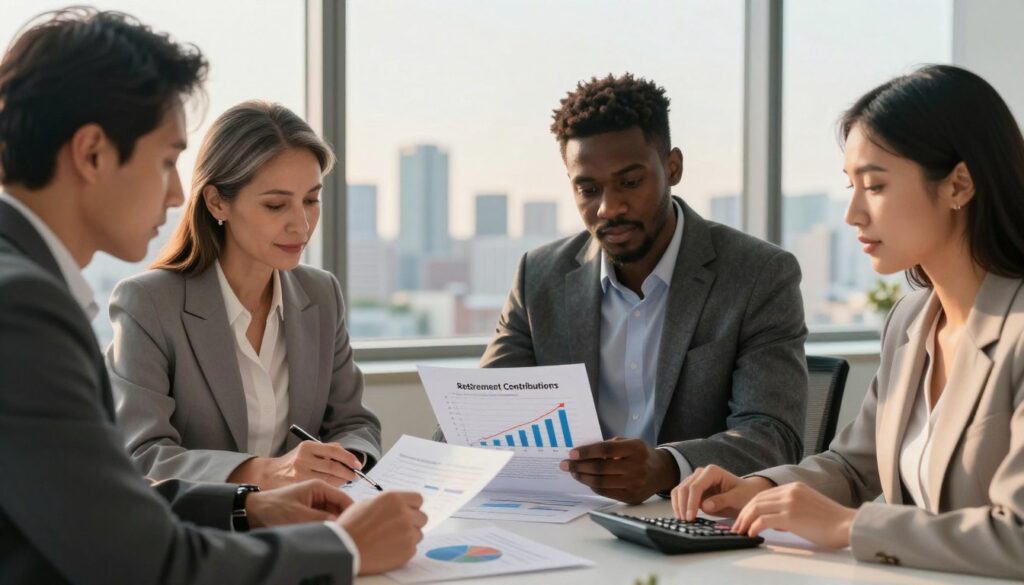 A professional setting illustrating the concept of retirement contributions and tax savings. In the foreground, a diverse group of three individuals in professional business attire, including a middle-aged Caucasian woman, a Black man, and a young Hispanic woman, are reviewing financial documents and calculators on a conference table. The middle is filled with charts showing upward trends and a pie chart labeled “Retirement Contributions”, symbolizing growth. In the background, a large window offers a view of a city skyline during golden hour, casting warm light over the scene, enhancing the feeling of optimism and success. The overall mood is collaborative and focused, emphasizing financial strategy and planning in a modern office environment.