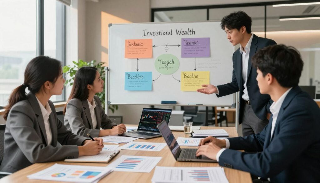 A professional setting showcasing various investment strategies for generational wealth. In the foreground, a diverse group of individuals in business attire—two men and two women—discussing over a large table filled with charts, financial documents, and a laptop displaying stock market graphs. In the middle ground, a whiteboard filled with colorful diagrams labeling different investment strategies like real estate, stocks, and bonds. The background features a modern office with large windows filtering in natural light, casting soft shadows. The atmosphere should be focused and collaborative, emphasizing teamwork and strategic planning, with warm lighting to create an inviting environment. Use a wide-angle lens to capture the entire scene, conveying a sense of urgency and purpose.