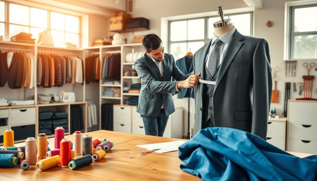 A professional tailor meticulously adjusting a well-fitted business suit on a mannequin in a bright, inviting workshop. The foreground showcases vibrant spools of thread and high-quality fabrics scattered on a large wooden table, emphasizing the craftsmanship behind tailoring. In the middle ground, the tailor, dressed in smart casual attire, uses a measuring tape to take precise measurements, displaying focus and expertise. The background features shelves lined with stylish clothing, scissors, sewing tools, and pattern templates, creating an atmosphere of creativity and precision. Soft, natural lighting filters through large windows, accentuating the textures of the fabrics and creating a warm, inspiring mood. The image encapsulates the essence of perfect tailoring for improving clothing fit.