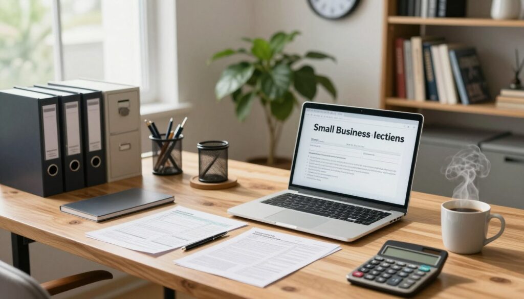 A professional workspace symbolizing essential tax deductions for small business owners. In the foreground, feature a sleek wooden desk with a laptop open, tax forms scattered, a calculator with visible numbers, and a steaming coffee mug. The middle layer includes an organized file cabinet and a wall clock that shows mid-afternoon. In the background, soft natural light filters through a large window, highlighting a lush green plant and a bookshelf neatly filled with business books. The overall mood is focused and productive, reflecting a busy yet organized environment, ideal for a small business owner. Use a slightly elevated angle to give depth, ensuring warm tones convey a welcoming atmosphere. A professional workspace symbolizing essential tax deductions for small business owners. In the foreground, feature a sleek wooden desk with a laptop open, tax forms scattered, a calculator with visible numbers, and a steaming coffee mug. The middle layer includes an organized file cabinet and a wall clock that shows mid-afternoon. In the background, soft natural light filters through a large window, highlighting a lush green plant and a bookshelf neatly filled with business books. The overall mood is focused and productive, reflecting a busy yet organized environment, ideal for a small business owner. Use a slightly elevated angle to give depth, ensuring warm tones convey a welcoming atmosphere.