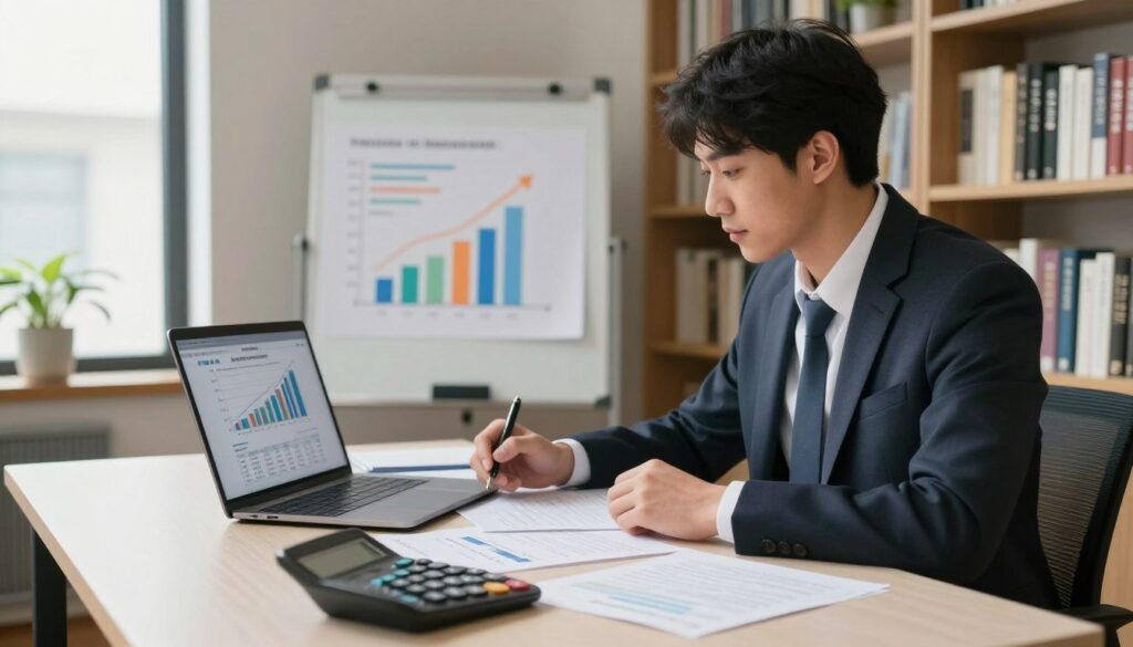 A professional young adult male in smart business attire, sitting at a modern desk filled with documents and a laptop displaying graphs related to student loan payments. In the foreground, a close-up of a calculator with numbers reflecting optimized payment strategies. The middle ground features a whiteboard with colorful charts illustrating interest rates and repayment timelines. In the background, a cozy library with shelves stacked with financial books and plants adds warmth to the scene. Soft, natural light filters through a window, creating a focused yet relaxed atmosphere. The angle captures the subject engaged in thoughtful planning, conveying determination and clarity in managing student loan interest effectively. A professional young adult male in smart business attire, sitting at a modern desk filled with documents and a laptop displaying graphs related to student loan payments. In the foreground, a close-up of a calculator with numbers reflecting optimized payment strategies. The middle ground features a whiteboard with colorful charts illustrating interest rates and repayment timelines. In the background, a cozy library with shelves stacked with financial books and plants adds warmth to the scene. Soft, natural light filters through a window, creating a focused yet relaxed atmosphere. The angle captures the subject engaged in thoughtful planning, conveying determination and clarity in managing student loan interest effectively.