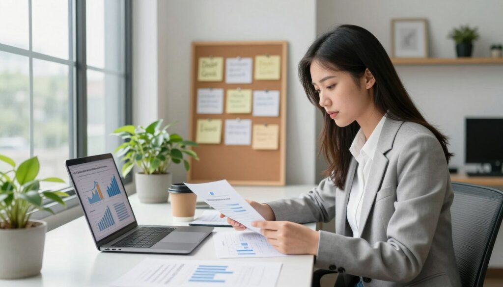 A professional young woman in business attire sitting at a sleek desk, deeply focused as she reviews financial documents and budgets. In the foreground, a laptop displays charts illustrating the allocation of a recent windfall towards student debt repayment. Bright natural light streams through a large window, illuminating fresh, potted plants on the desk and creating an inviting atmosphere. In the middle ground, a corkboard displays pinned reminders about debt goals, while a coffee cup sits nearby, adding a cozy touch. The background features a modern office setting with minimalistic decor and soft colors, enhancing the professional and proactive mood of the scene, conveying a sense of determination and hope. A professional young woman in business attire sitting at a sleek desk, deeply focused as she reviews financial documents and budgets. In the foreground, a laptop displays charts illustrating the allocation of a recent windfall towards student debt repayment. Bright natural light streams through a large window, illuminating fresh, potted plants on the desk and creating an inviting atmosphere. In the middle ground, a corkboard displays pinned reminders about debt goals, while a coffee cup sits nearby, adding a cozy touch. The background features a modern office setting with minimalistic decor and soft colors, enhancing the professional and proactive mood of the scene, conveying a sense of determination and hope.