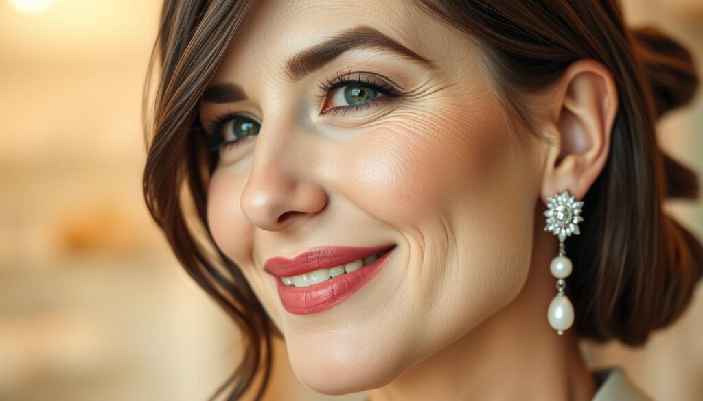 A refined close-up portrait of a woman with a warm, inviting smile, showcasing her elegant, matching earrings that enhance her facial features. The earrings are intricate, made of shimmering silver with delicate pearl accents. In the foreground, highlight the woman's facial structure, emphasizing her cheekbones and the way the earrings complement her features. In the middle, softly blur the background to create focus, with gentle hues of pastel colors suggesting a stylish boutique setting. Use soft, natural lighting to create an inviting atmosphere, capturing the earrings' sparkle. The angle should present her at eye level, ensuring a clear view of the earrings while highlighting her professional attire, reflecting sophistication and modern elegance. The overall mood should inspire confidence and warmth, appealing to those seeking guidance in earring selection.