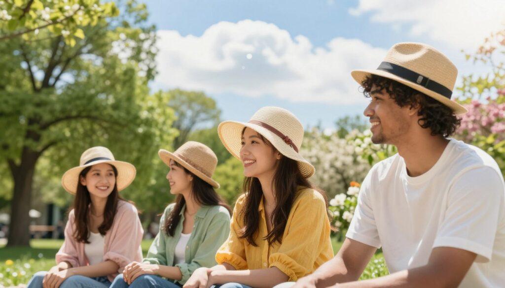 A relaxed outdoor scene showcasing a variety of stylish hats suitable for different seasons, including a sun hat, beanie, and a fedora. In the foreground, a diverse group of three people—two women and one man—are wearing these hats, smiling and enjoying a sunny day in a park. The women are dressed in vibrant spring attire while the man is in casual summer wear. In the middle ground, lush green trees and blooming flowers convey the warmth of spring and summer, accentuating the protective benefits of hats against UV rays. The background features a bright blue sky with fluffy white clouds, creating an uplifting and cheerful atmosphere. Soft, natural lighting enhances the colors of the scene, with a slight lens flare for a sunny effect.