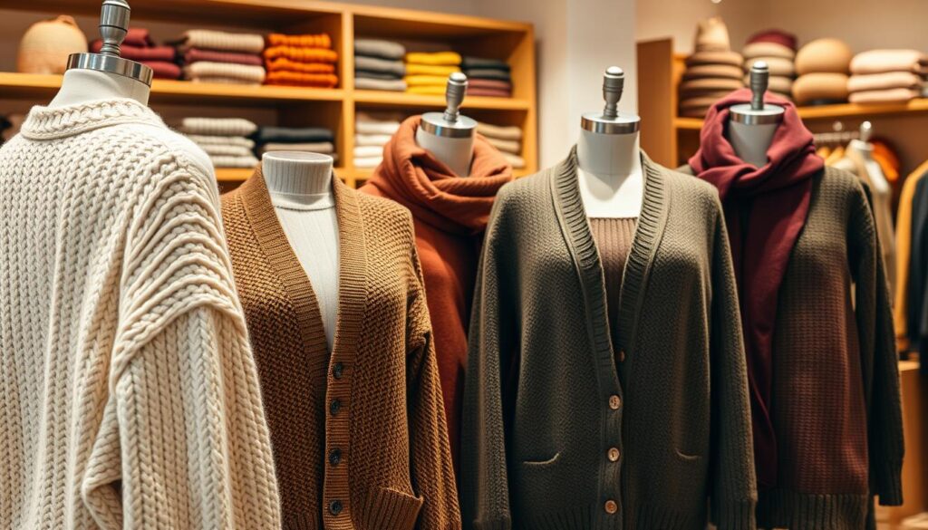 A selection of cozy sweater styles displayed on mannequins in a softly lit boutique. In the foreground, a chunky knit cream sweater with oversized sleeves and a relaxed fit hangs elegantly, alongside a warm olive green cardigan featuring intricate patterns. In the middle, a variety of textured knits in seasonal colors like rust, mustard, and deep burgundy create a vibrant ensemble, inviting a sense of warmth. In the background, a cozy ambiance with wooden shelves stacked with winter accessories like scarves and hats, illuminated by soft golden light to evoke a comfortable, inviting atmosphere. The scene captures the essence of fall, blending style and comfort seamlessly.