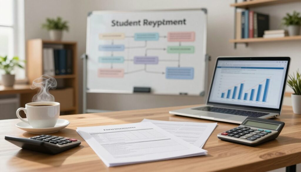 A serene and informative office setting illustrating traditional student loan repayment plans. Foreground: a wooden desk with neatly organized paperwork detailing loan repayment schedules, a calculator, and a steaming cup of coffee. Middle: a whiteboard with structured diagrams and flowcharts depicting repayment options, alongside a laptop showing financial graphs. Background: soft-focus shelves filled with financial books and potted plants, creating a calm atmosphere. Warm, diffused natural light streaming through a window adds an inviting glow. The mood is professional and focused, emphasizing clarity and organization in managing student debt. The scene is devoid of any people or text, concentrating solely on the elements relevant to loan repayment strategies.