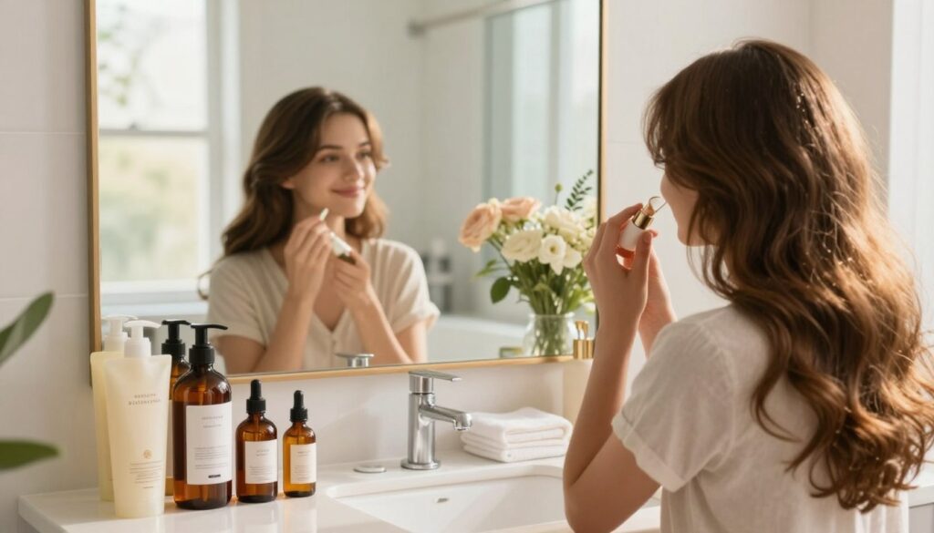 A serene and inviting scene showcasing essential hair care tips for healthy, shiny hair, set in a bright, sunlit bathroom. In the foreground, a stylish vanity with neatly arranged hair care products such as shampoos, conditioners, and oils, all featuring natural ingredients. A large, elegant mirror reflects a girl with healthy, shiny hair styled in a cute bun, wearing a modest casual outfit, smiling as she applies a nourishing serum. The middle ground shows fresh flowers and a soft towel, enhancing the ambiance. In the background, a window allows warm, golden sunlight to filter in, creating a cozy atmosphere. The overall mood conveys tranquility and self-care, with a soft focus that highlights the vibrant hair products and the girl’s radiant locks. A serene and inviting scene showcasing essential hair care tips for healthy, shiny hair, set in a bright, sunlit bathroom. In the foreground, a stylish vanity with neatly arranged hair care products such as shampoos, conditioners, and oils, all featuring natural ingredients. A large, elegant mirror reflects a girl with healthy, shiny hair styled in a cute bun, wearing a modest casual outfit, smiling as she applies a nourishing serum. The middle ground shows fresh flowers and a soft towel, enhancing the ambiance. In the background, a window allows warm, golden sunlight to filter in, creating a cozy atmosphere. The overall mood conveys tranquility and self-care, with a soft focus that highlights the vibrant hair products and the girl’s radiant locks.