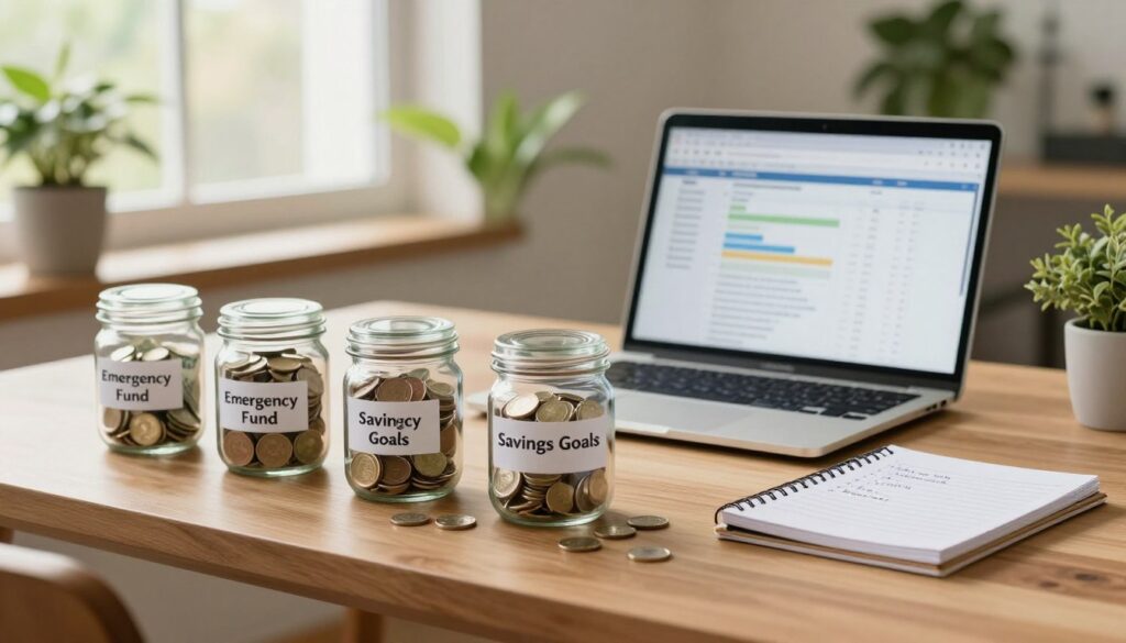 A serene and inviting workspace that symbolizes financial security and savings goals. In the foreground, a sleek, modern wooden desk is adorned with a carefully arranged set of savings jars, labeled “Emergency Fund” and “Savings Goals,” each partially filled with vibrant coins and bills. The middle ground features an open laptop displaying a financial plan and a notepad with handwritten goals, reflecting calculation and organization. In the background, a window lets in soft, warm natural light, illuminating lush green plants that symbolize growth and prosperity. The atmosphere is calm and optimistic, ideal for inspiring sound financial decisions. The scene is captured with a soft-focus lens, emphasizing warmth and clarity while maintaining a professional look. No people are included, ensuring focus on the financial themes.
