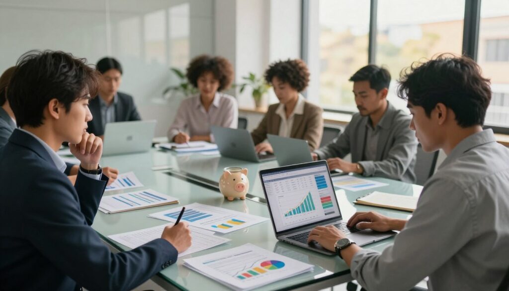 A serene and modern office space where a diverse group of professionals of various ethnicities are engaged in financial planning. In the foreground, a focused individual in business attire is reviewing a digital dashboard on a laptop, displaying graphs and automation tools for savings. The middle layer features a clear glass table cluttered with financial documents, a savings jar, and colorful charts highlighting growth. In the background, large windows let in warm, natural light, casting gentle shadows and creating an inviting atmosphere. The mood is thoughtful and organized, emphasizing consistency in financial habits. Use a wide-angle lens to capture the entire scene, ensuring a balance between focus on the professionals and the financial tools around them.