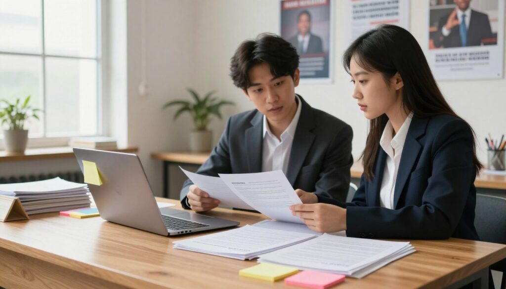 A serene and organized study space that symbolizes eligibility requirements for college scholarships and grants. In the foreground, a wooden desk neatly displays an open laptop, stacks of paperwork, and colorful sticky notes outlining various criteria like GPA, income level, and extracurricular activities. The middle ground features two young professionals, one male and one female, dressed in smart business attire, engaging in a discussion while reviewing documents. The background shows a wall of motivational posters related to education and success, illuminated by soft, natural light streaming through a nearby window, creating a warm and encouraging atmosphere. The overall mood is focused, inspiring, and professional, emphasizing the importance of understanding the criteria for academic funding.