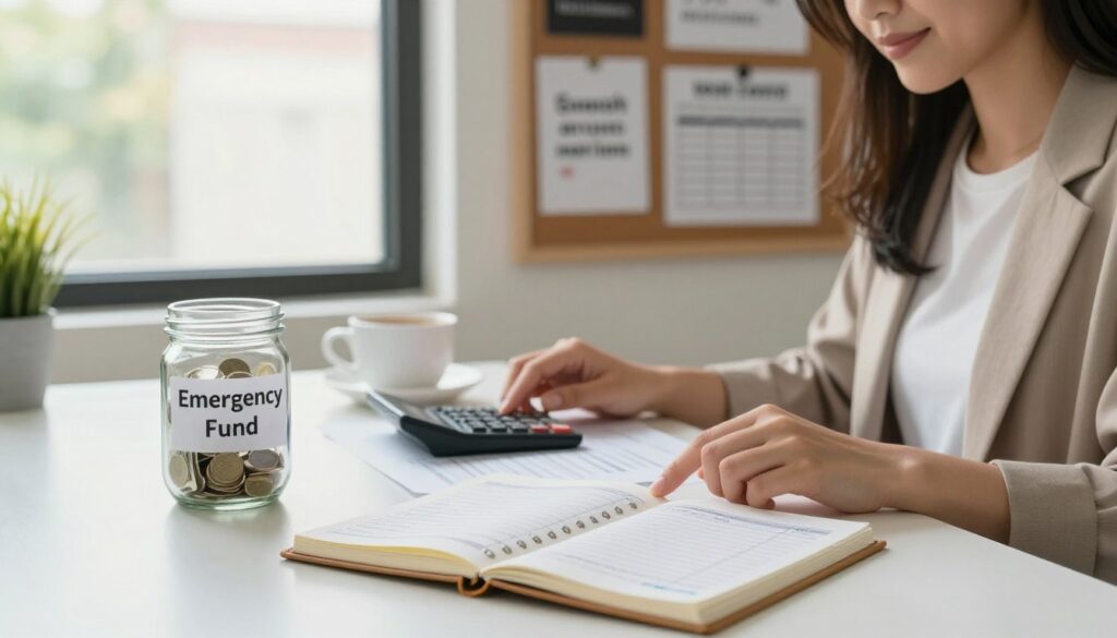 A serene and organized workspace illustrating a building emergency fund savings plan. In the foreground, a professional woman dressed in modest casual attire is seated at a tidy desk, reviewing financial documents with a calculator and a cup of coffee nearby. In the middle, visual elements include a clear glass jar labeled “Emergency Fund” filled with cash and coins, alongside a neatly opened planner filled with budgeting notes and savings goals. The background features a large window with soft, natural light streaming in, illuminating a wall-mounted bulletin board covered with motivational quotes and goal charts. The atmosphere is calm and encouraging, embodying a sense of stability and thoughtful planning, captured with a warm color palette and a slightly blurred depth of field to enhance focus on the foreground elements.