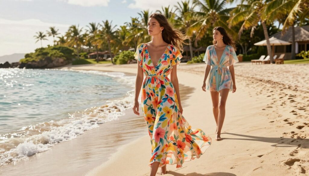A serene beach resort scene featuring two models wearing stylish, flowy dresses and rompers. In the foreground, one model is in a bright, floral maxi dress swaying gently in a light ocean breeze, while the other wears a chic, short romper in pastel colors that complements the sunny atmosphere. The middle ground showcases a pristine sandy beach with gentle waves lapping at the shore, and tropical palm trees swaying in the distance. Bright daylight bathes the scene in soft, golden light, creating warm reflections on the water. The camera angle is slightly low, capturing the elegance of the outfits against the idyllic backdrop. The overall mood is relaxed, vibrant, and inviting, perfect for a vacation ambiance.
