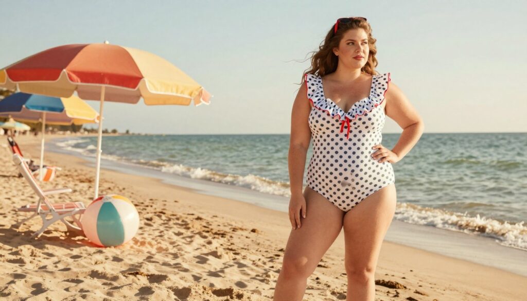 A serene beach scene showcasing a plus-size model elegantly displaying vintage-inspired swimwear trends from different eras. In the foreground, the model stands on the sandy shore, confidently posing in a retro polka dot one-piece swimsuit with stylish ruffles. The middle ground features colorful beach umbrellas and a classic seaside setting, with warm sunlight casting a soft glow, creating a nostalgic atmosphere. In the background, gentle waves lap against the shore, and a vintage beach ball can be seen. Use a wide-angle lens to capture the scene, emphasizing the vibrant colors and textures of the swimwear. The overall mood is cheerful, celebrating body positivity and the charm of vintage fashion.